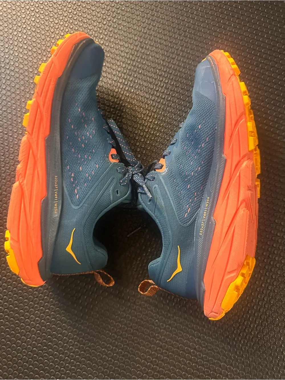 Hoka One One Challenger—Blue Trail Sneakers with Salmon and Yellow Soles